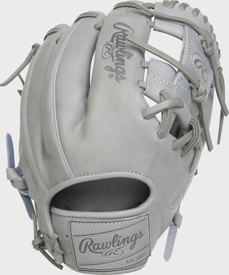 Back of a Gray Heart of the Hide 11.5" I-web glove with a Gray leather Rawlings patch - SKU: PRO204-2G