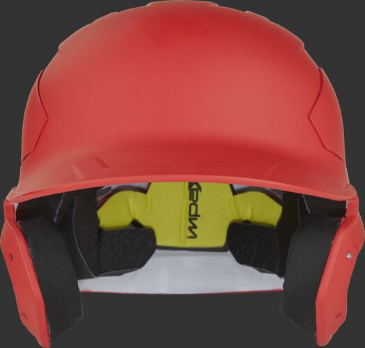 Front of a matte scarlet CAR07A high school/college MACH Carbon high performance batting helmet