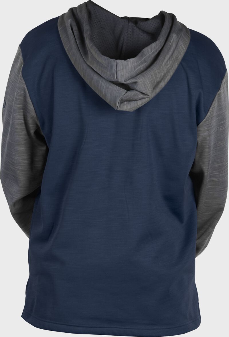 Back of a navy fleece hoodie with gray sleeves and hood - SKU: PFH2PRBB-N/GR