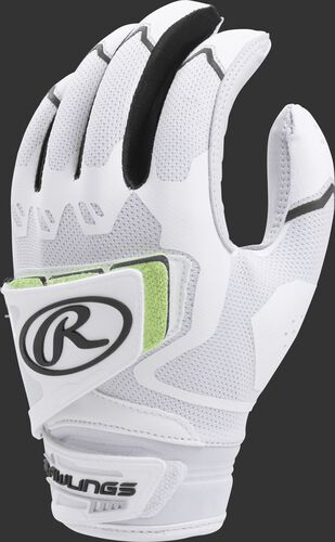 A white FPWPBG-B women's Workhorse batting glove with black trim and pad over the back of the palm