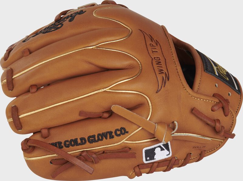 Golden brown back of a Rawlings HOH R2G 11.5" Wing Tip infield glove with the MLB logo on the pinky - SKU: PROR204W-2GBB