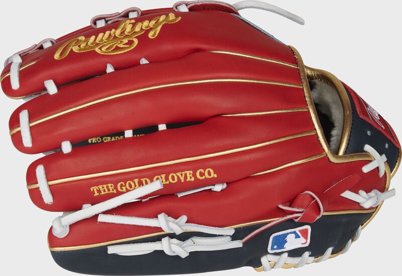 Scarlet back of a Pro Preferred Ronald Acuña Jr. gameday outfield glove with the MLB logo on the pinky - SKU: PROSRA13