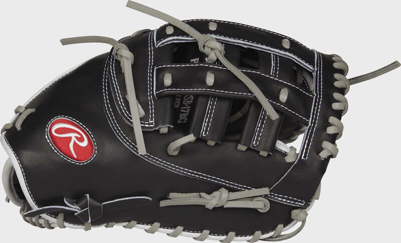 Thumb view of a black Heart of the Hide 12.5-inch fastpitch first base mitt with a black Modified H web