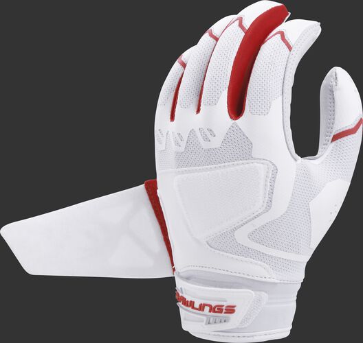 A white/scarlet FPWPBG-S Rawlings women's Workhorse batting glove with the Impax pad removed