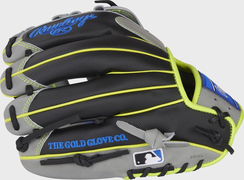 Black Speed Shell back of a Heart of the Hide 11.75" infield glove with the MLB logo on the pinky - SKU: PRO205-6GRSS