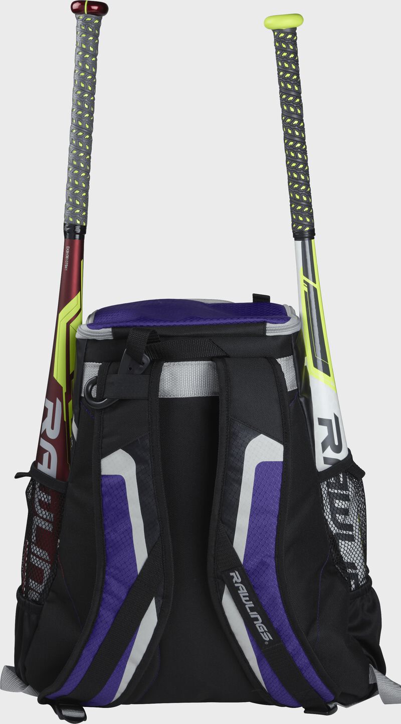 Back of a black/purple R500 team backpack with two bats in the side sleeves