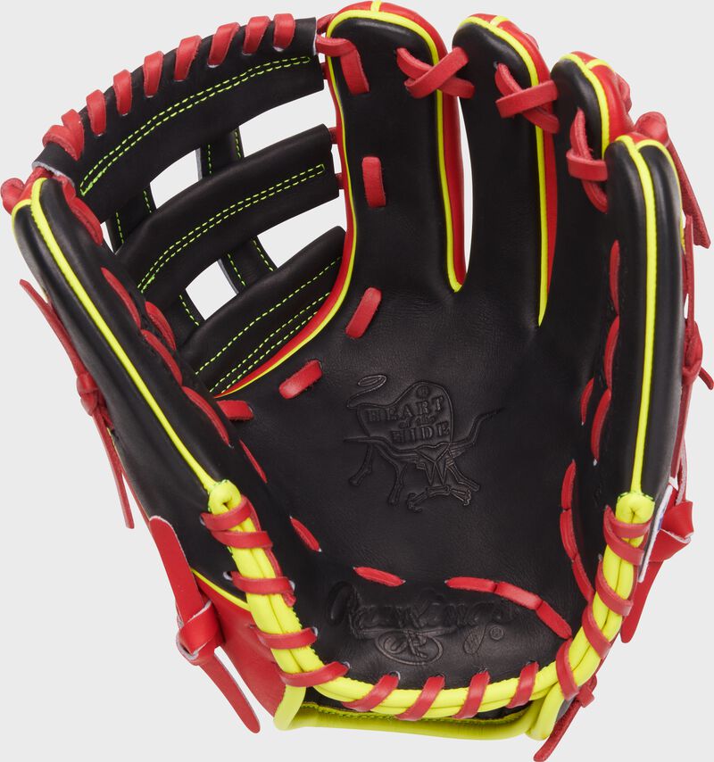Black palm of a Rawlings Heart of the Hide Oneil Cruz glove with scarlet laces - SKU: PRO205-6OC