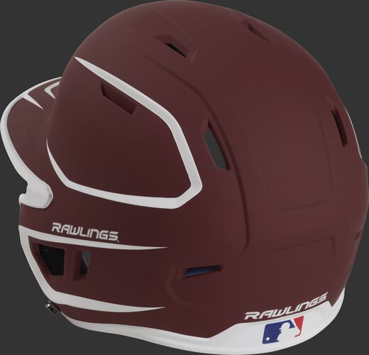 Back left view of a matte cardinal/white MACH series batting helmet with air vents