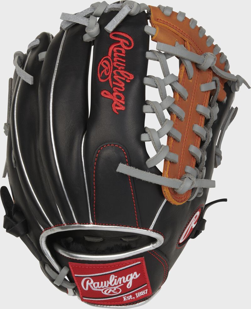 Back of a black/tan R9 ContoUR 11.5" Modified Trap-Eze web glove with a red Rawlings patch - SKU: R9115U-4BT