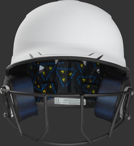 Front of a white/black Mach fastpitch softball helmet with a black mask - SKU: MSB13S-W/B