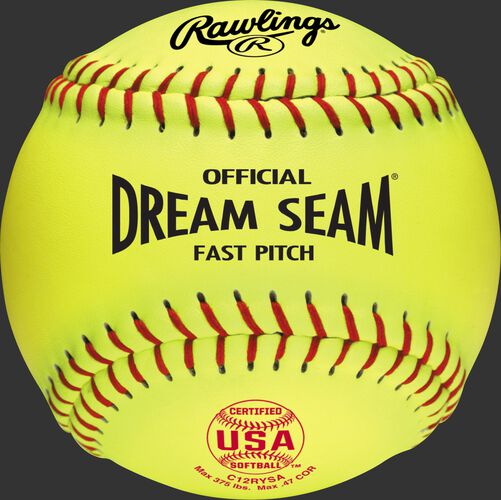A yellow C12RYSA USA NFHS Official 12" Dream Seam softball with red stitching