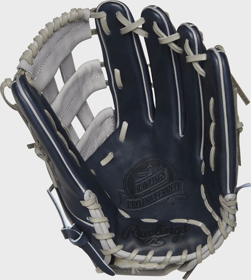 PROSAJ99 Rawlings 13-inch Aaron Judge outfield glove with a navy palm and grey laces