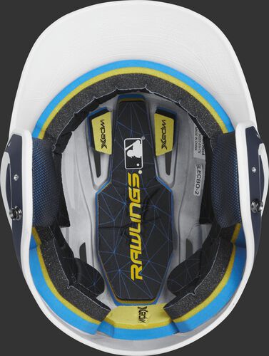 Inside of a Rawlings MACH baseball helmet with IMPAX durable foam padding