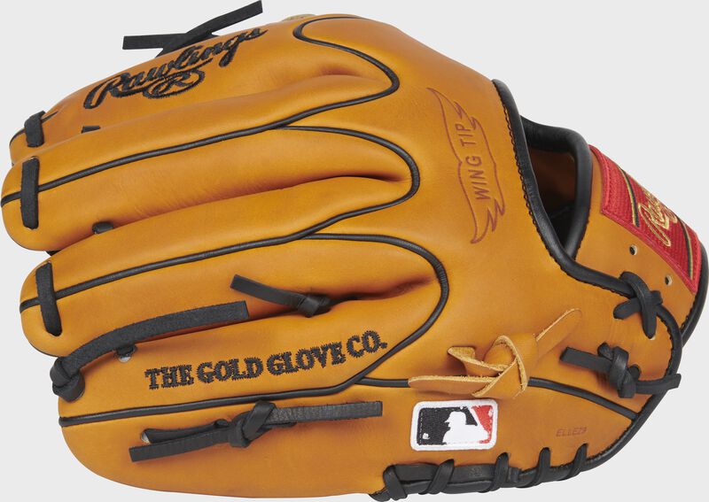 Back of a Horween tan Heart of the Hide infield glove with a MLB logo on the pinkie - SKU: PRO205W-2HTB