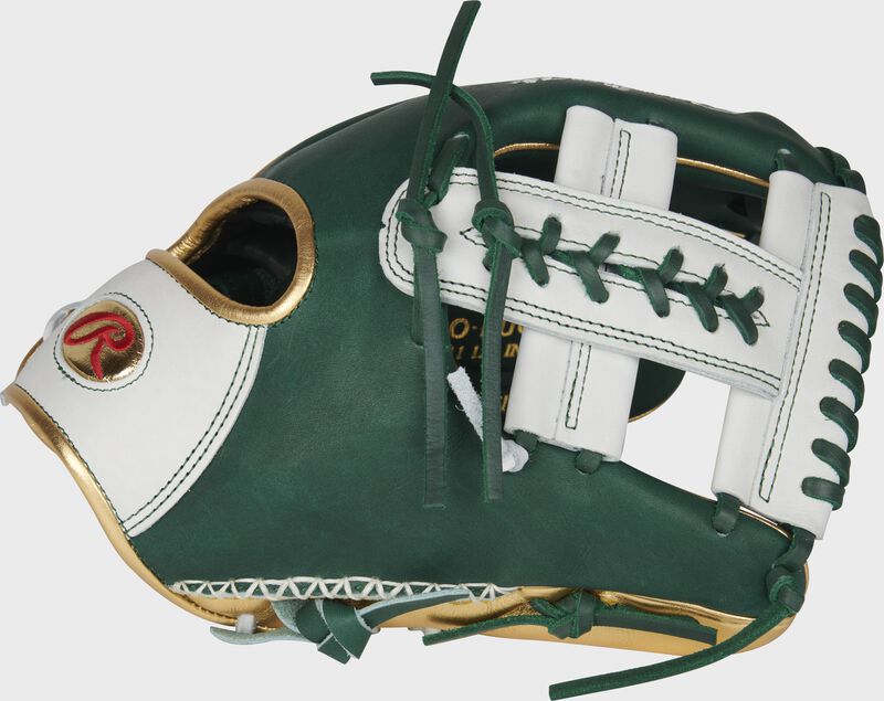 Thumb of a green/white Heart of the Hide PRO-LUCKYV 11.5-Inch infield glove with a white X-Laced Single Post web with green laces - SKU: RSGPRO-LUCKYV