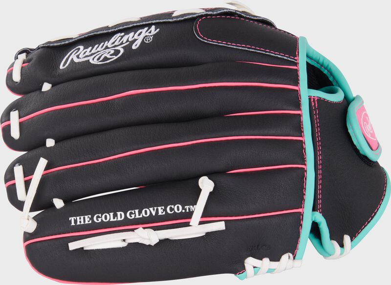 Finger backs of a black/mint/pink Sure Catch Softball 12.5-inch Youth Softball Glove
