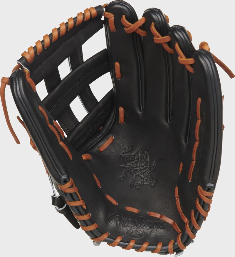 Black palm of a Rawlings Heart of the Hide slowpitch glove with tan laces - SKU: RPRO140SP-6B
