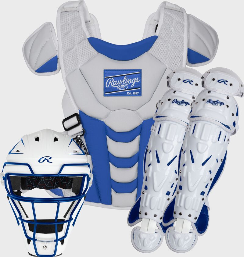 A white/royal Velo fastpitch catcher's gear set with a helmet, chest protector and leg guards - SKU: CSSBL-W/R