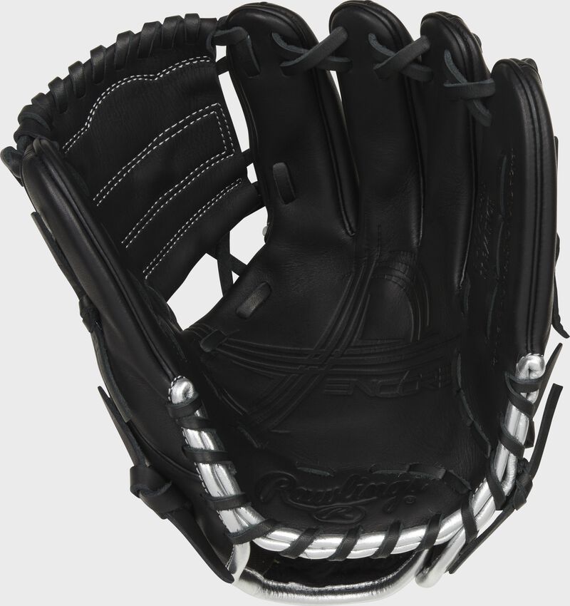 Black palm of a Rawlings Encore infield/pitcher's glove with black laces - SKU: EC1175-8B