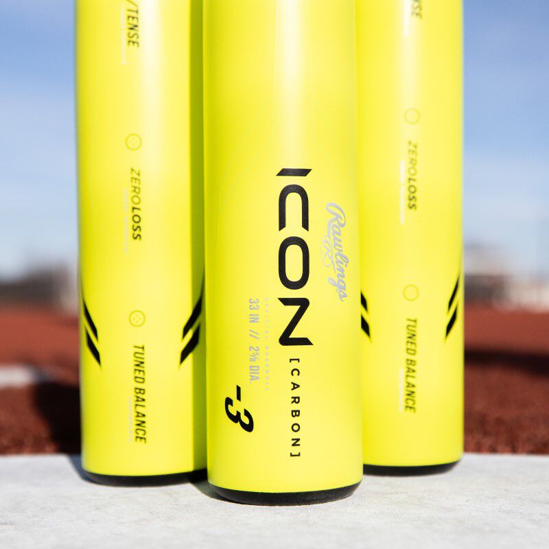 3 Rawlings Icon Limited Edition "Glowstick" BBCOR bats standing up on home plate - SKU: RBB4I3