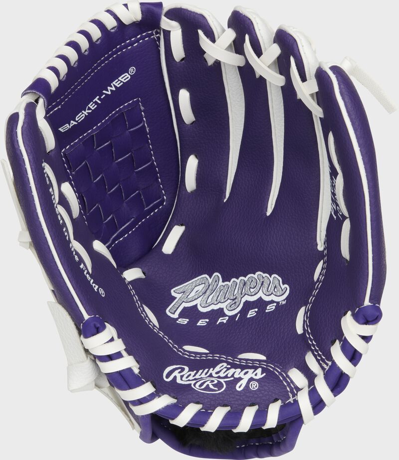 Purple palm of a Rawlings Players Series 10" youth glove with white laces