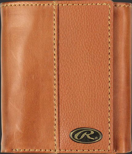 A tan RW80003-204 Bases loaded tri-fold wallet folded closed with a silver Oval R emblem in the bottom right corner