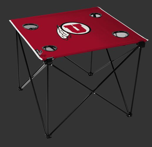 A red NCAA Utah Utes deluxe tailgate table with four cup holders and team logo printed in the middle SKU #00713105111