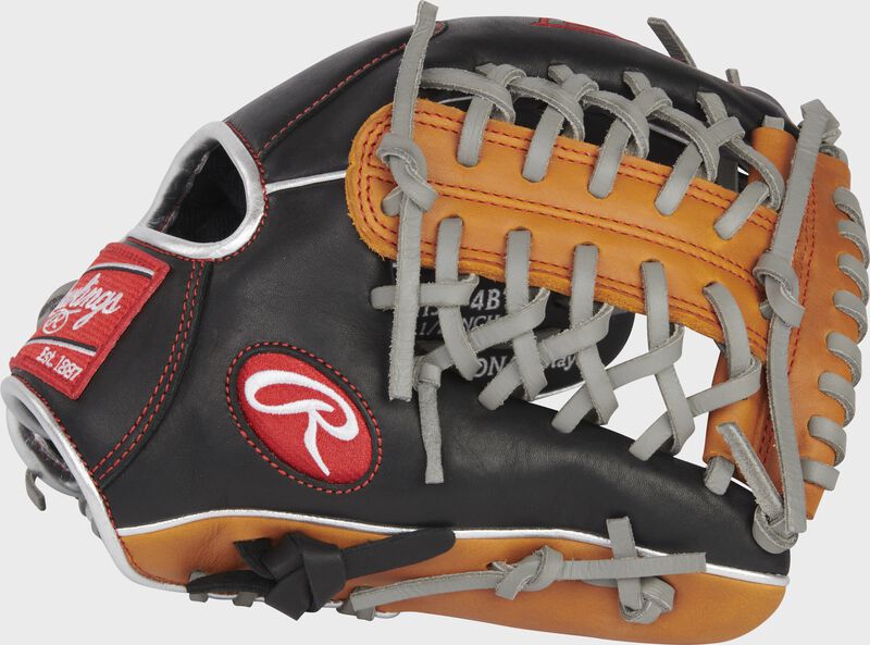 Thumb of a black/tan R9 ContoUR 11.5" infield/pitcher's glove with a tan Modified Trap-Eze web - SKU: R9115U-4BT