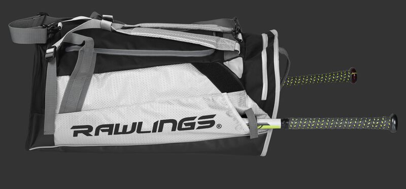 Side view of a white R601 Hybrid backpack with a bat in the side sleeve
