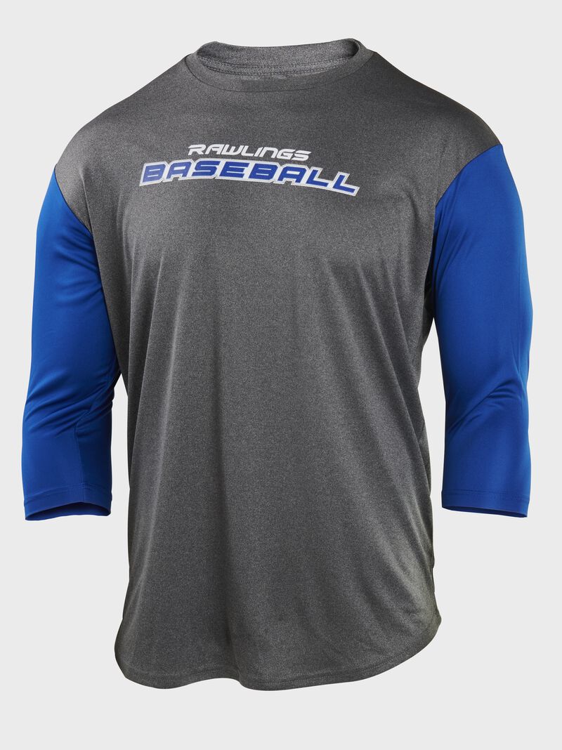 A gray Rawlings Baseball 3/4 sleeve performance shirt with royal sleeves - SKU: ACART34-R