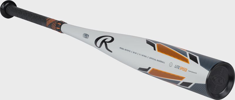 Front angle view showing the light gray side of a Threat USSSA bat - SKU: RUT4T12