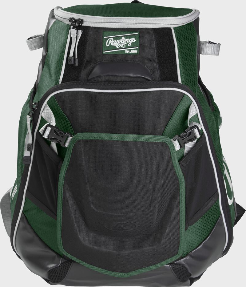 Front of a dark green VELOBK Velo backpack with dark green trim and a dark green Rawlings patch