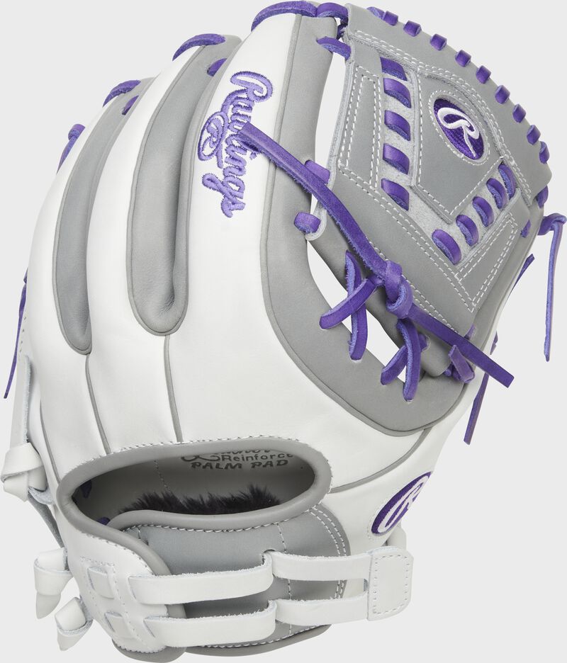 Back of a white/gray/purple Liberty Advanced Color Series 11.75-Inch glove with a pull strap back - SKU: RLA715SB-31WPG