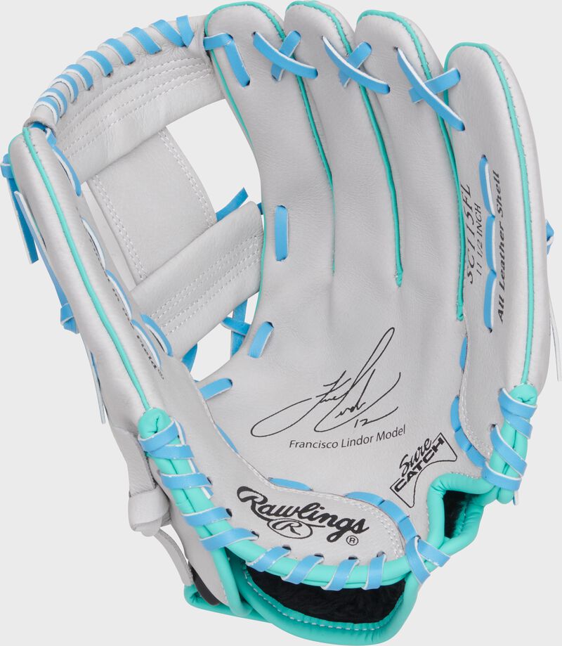 Gray palm of a Sure Catch Francisco Lindor glove with Francisco Lindor's signature stamped on the palm