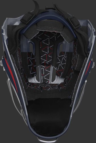 Inside foam of a navy/scarlet CHV27J Rawlings catcher's helmet
