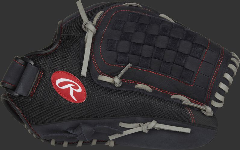 Thumb view of a black R140BGS Renegade 14-inch softball glove with a black Basket web