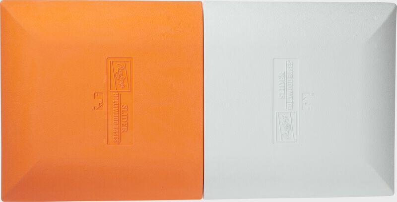 Top of an orange/white Rawlings Hollywood slider double first base - SKU: HSDB