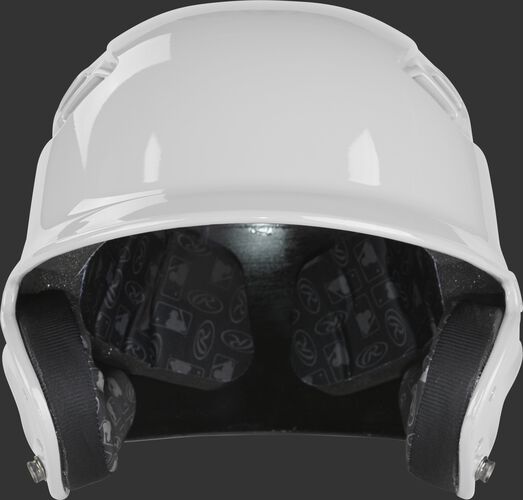 Front of a white R1601 Rawlings Velo gloss batting helmet