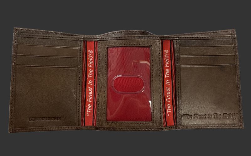 Inside of a brown tri-fold Rawlings debossed stitch wallet with multiple card slots and clear ID window in the middle - SKU: RPW008-200