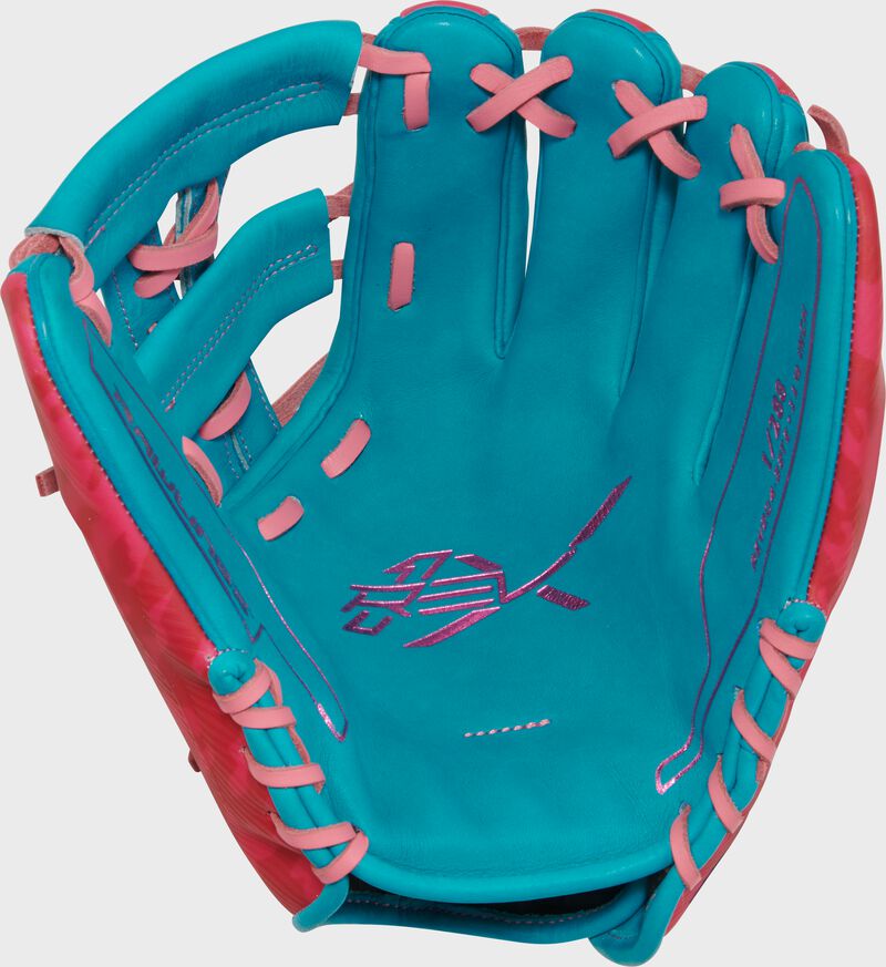 Teal leather palm of a Rawlings Electric Unicorn REV1X 11.5" glove with pink laces