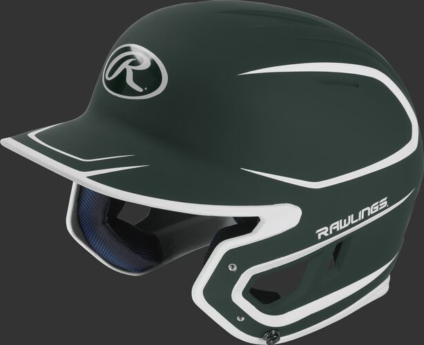 Left angle view of a Rawlings MACH Senior helmet with a two-tone matte dark green/white shell