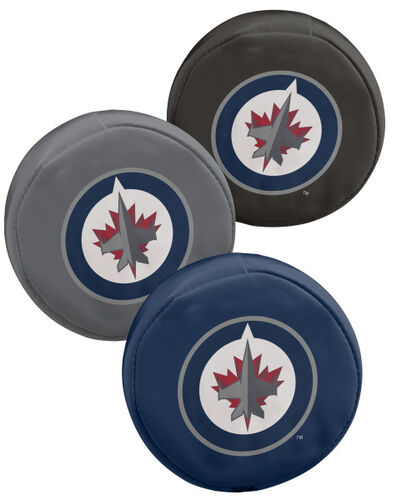 Rawlings NHL Winnipeg Jets Three Puck Softee Set With Black, Grey, and Blue Pucks and Team Logo SKU #00614109111