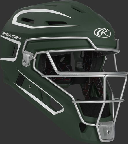 Front right of a dark green CHV27J Rawlings Velo 2.0 catcher's helmet