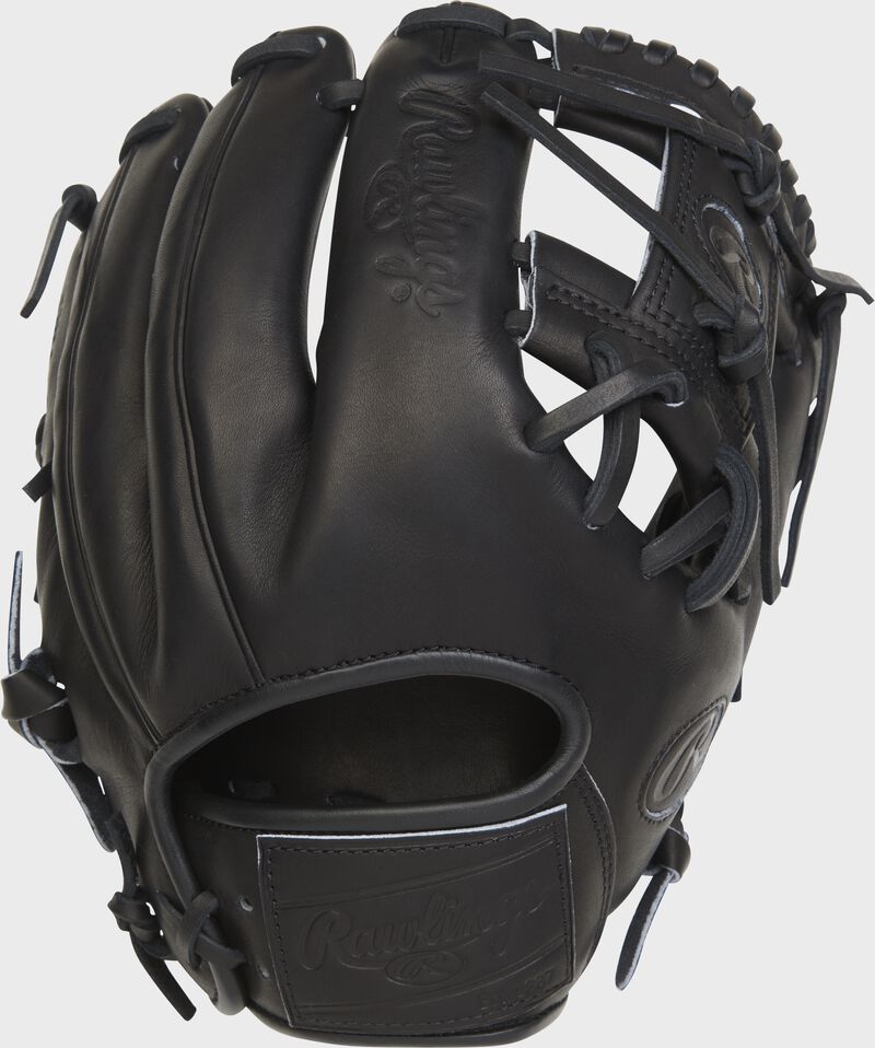 Back of a Black Heart of the Hide 11.5" I-web glove with a Black leather Rawlings patch - SKU: PRO204-2B