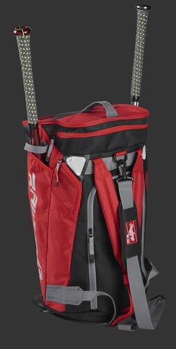 Right angle of a scarlet R601 Hybrid players duffel bag standing up with two bats