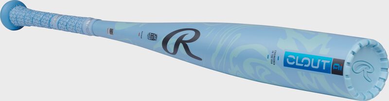 Angled view of a blue Rawlings Clout -8 USSSA bat