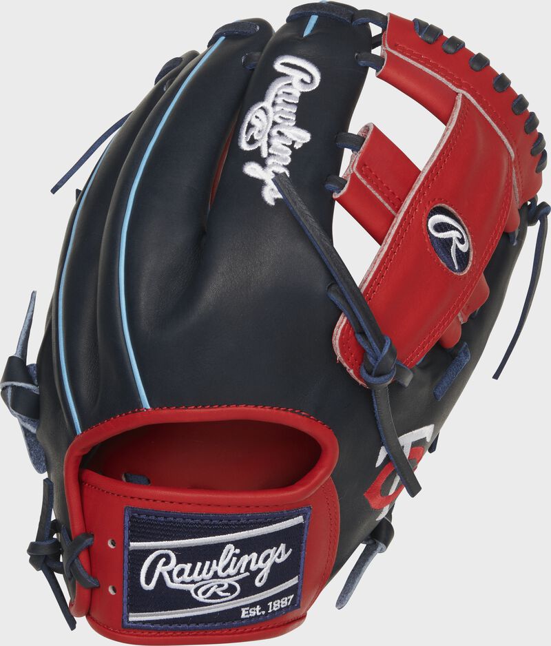 Navy back of a Minnesota Twins Heart of the Hide single post web glove with a navy Rawlings patch - SKU: RSGPRO204-13MIN