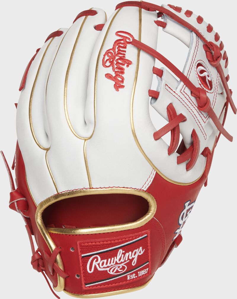 Shell back view of scarlet and white 2021 St. Louis Cardinals Heart of the Hide glove loading=