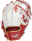 Shell back view of scarlet and white 2021 St. Louis Cardinals Heart of the Hide glove image number null