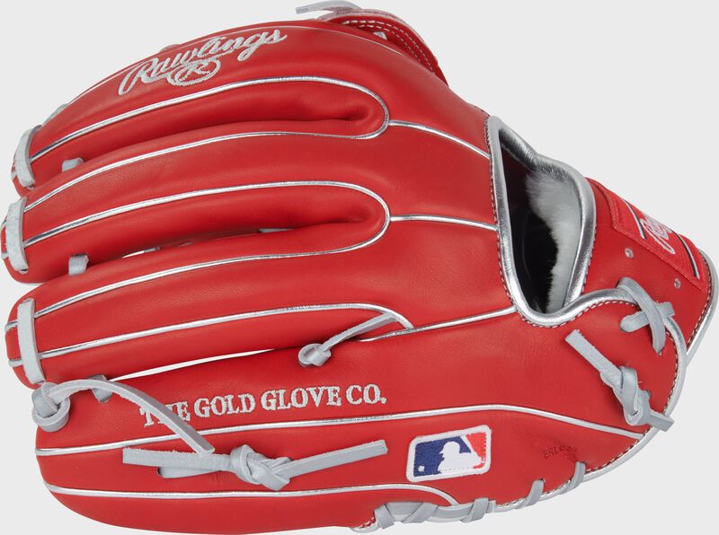 Back of a scarlet Carlos Correa Pro Preferred 11.75-Inch Infield Glove with the MLB logo on the pinky